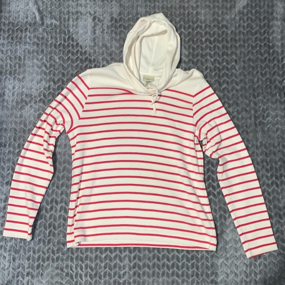 L.L Bean Knit Hoodie With Draw String. Red And Wh… - image 1